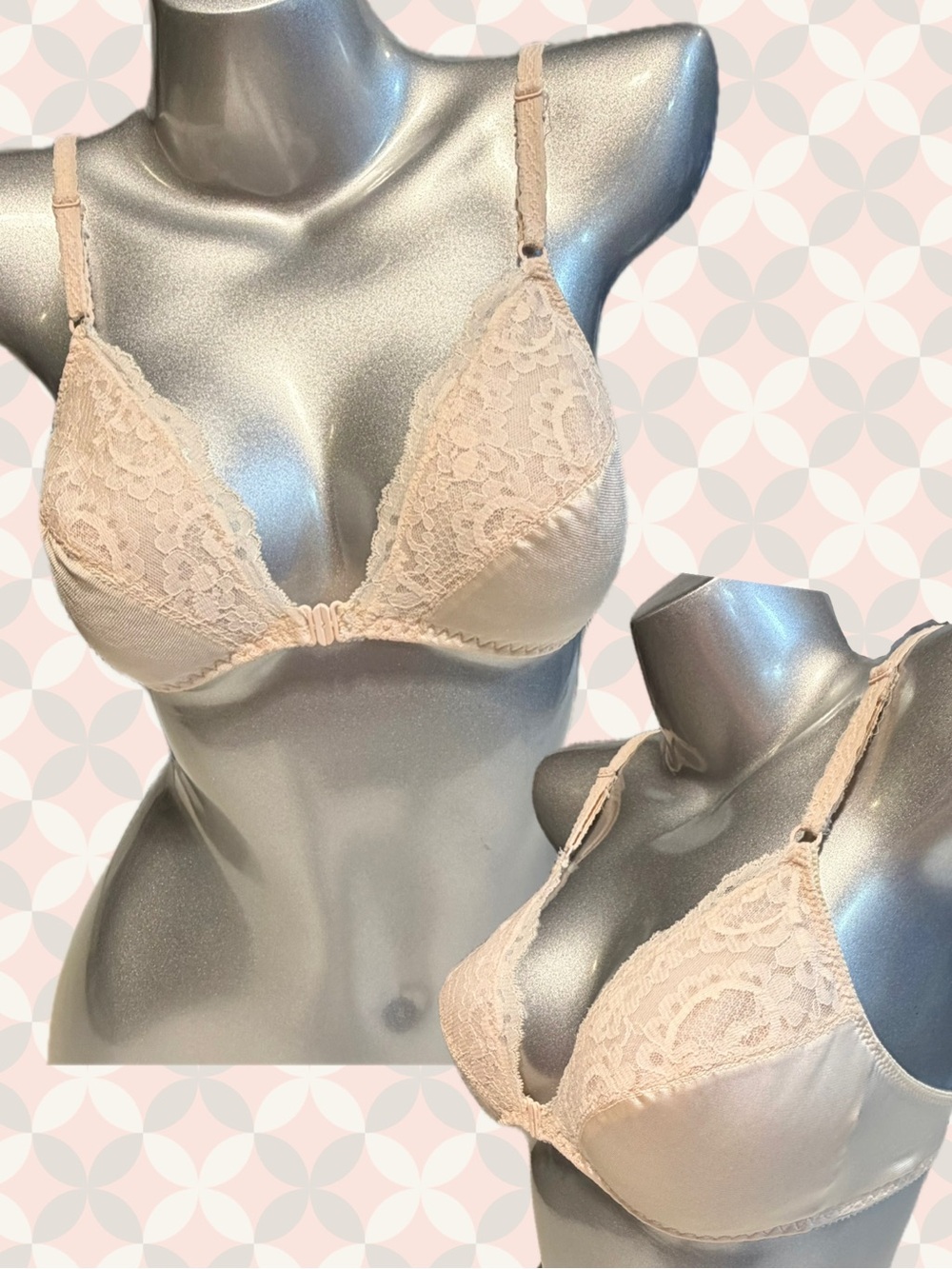 VINTAGE 80s JCPenney blush pink peach bra 34B front hook lace lightly padded